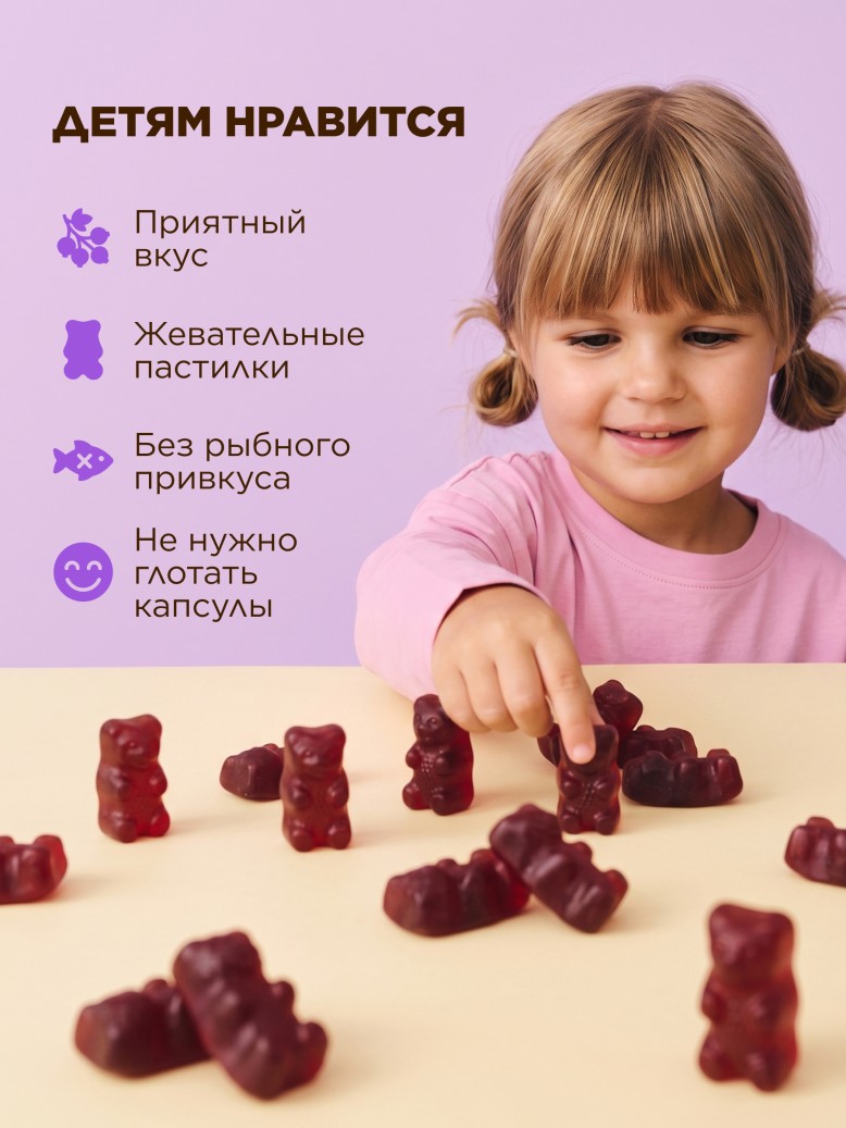 Состав БАД к пище «Омега Мишки» со вкусом черной смородины