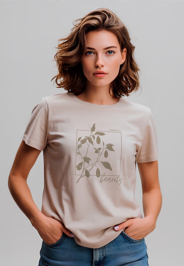 Купить Футболка женская с принтом «Листья» цвет бежевый