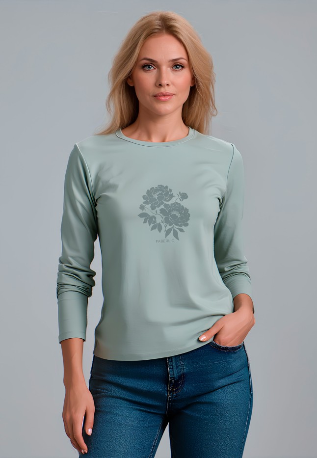 Купить Лонгслив с флоральным принтом «Пионы», серая мята