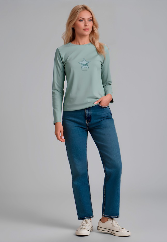 Фаберлик Лонгслив с минималистичным принтом «Звезда», серая мята